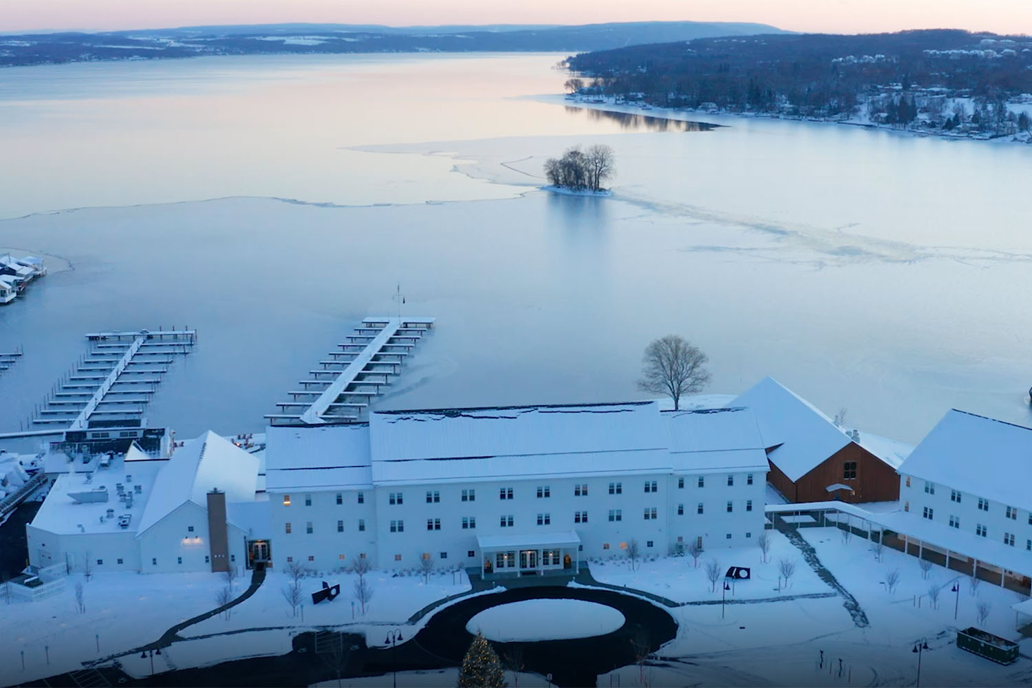 Snow-covered lakeside hotel in the Finger Lakes region of New York