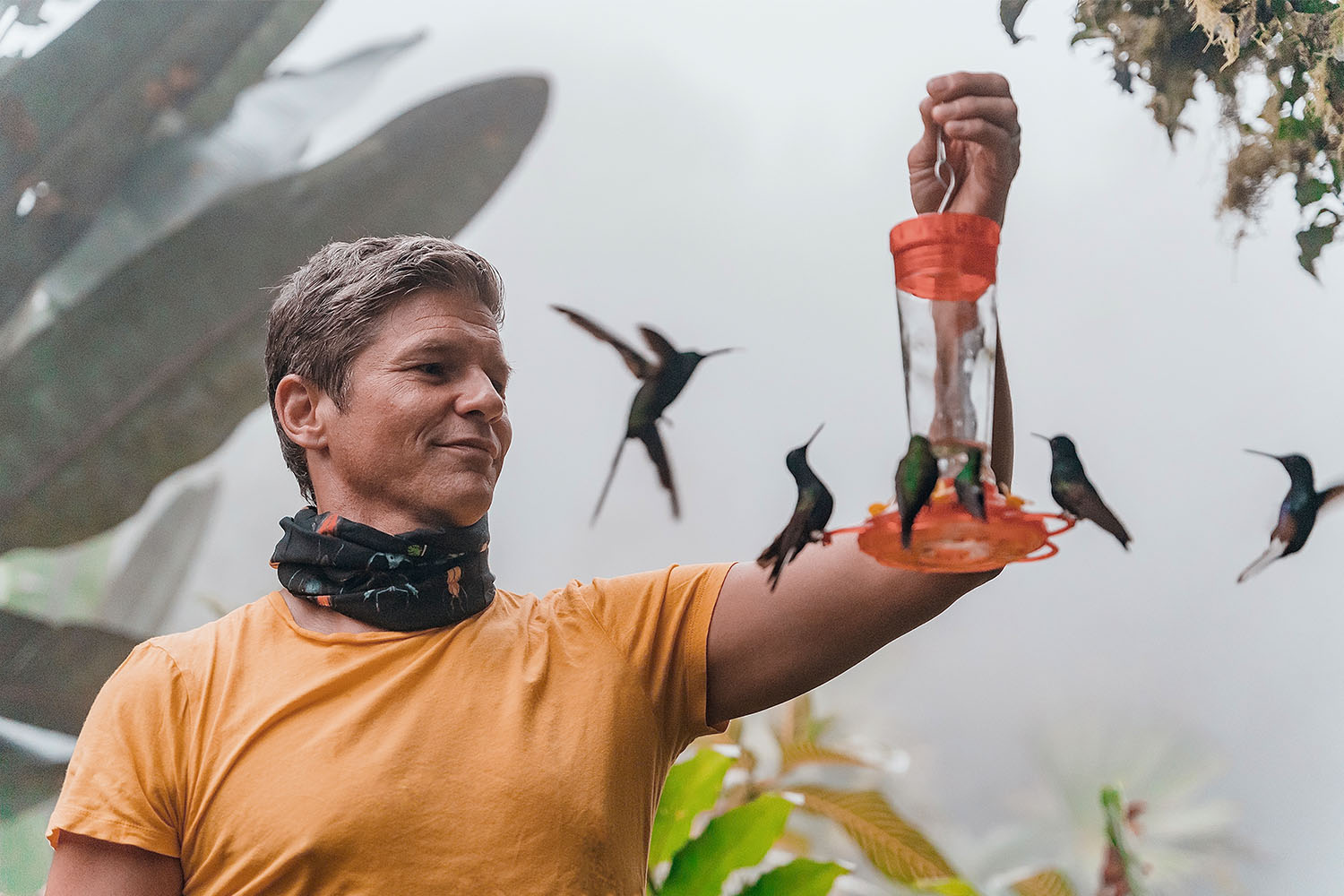 man with hummingbirds