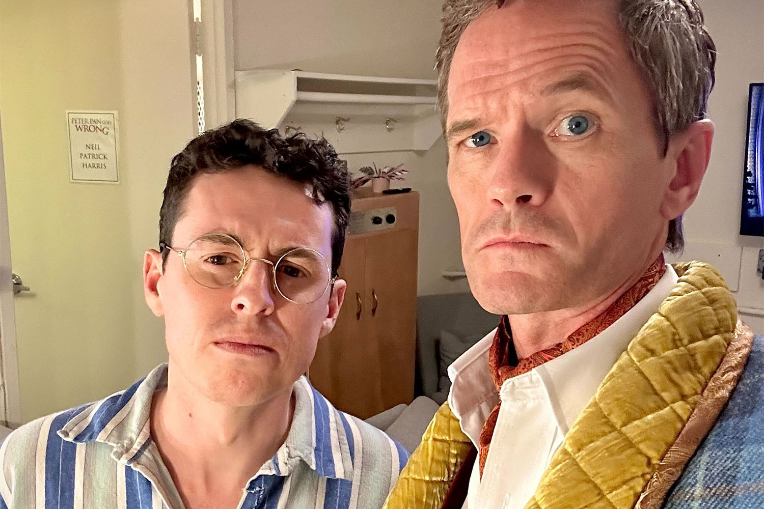 Jonathan Sayer and Neil Patrick Harris behind the scenes at Peter Pan Goes Wrong