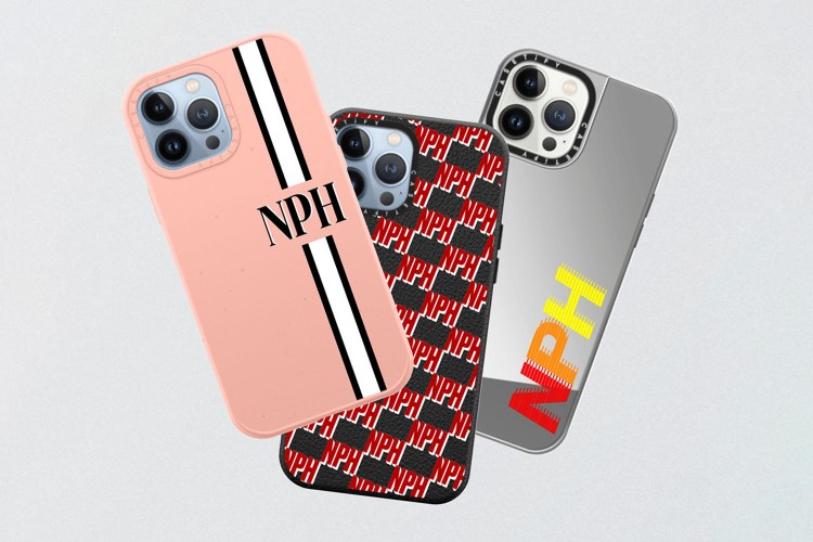 Three CASETiFY Custom Phone Cases with NPH in black, black and red, and red orange and yellow gradient