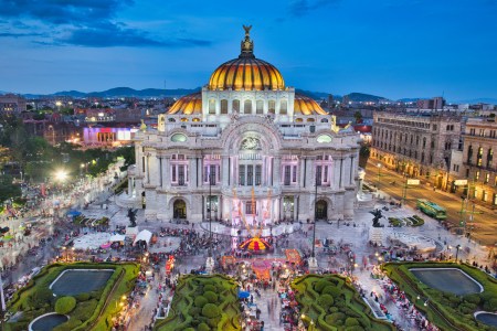 View of Bellas Artes Palace in Mexico City at dusk