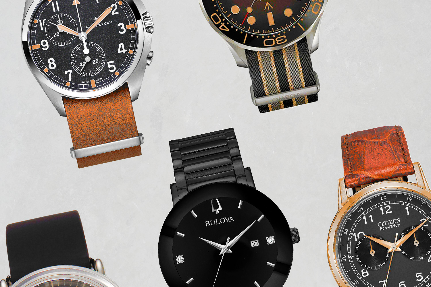 collage of watches on a grey background