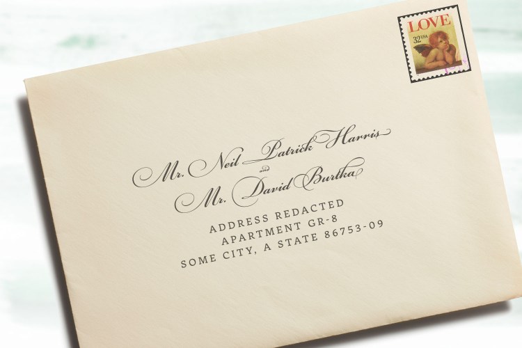 an envelope with a wedding invitation for Neil Patrick Harris and David Burtka.
