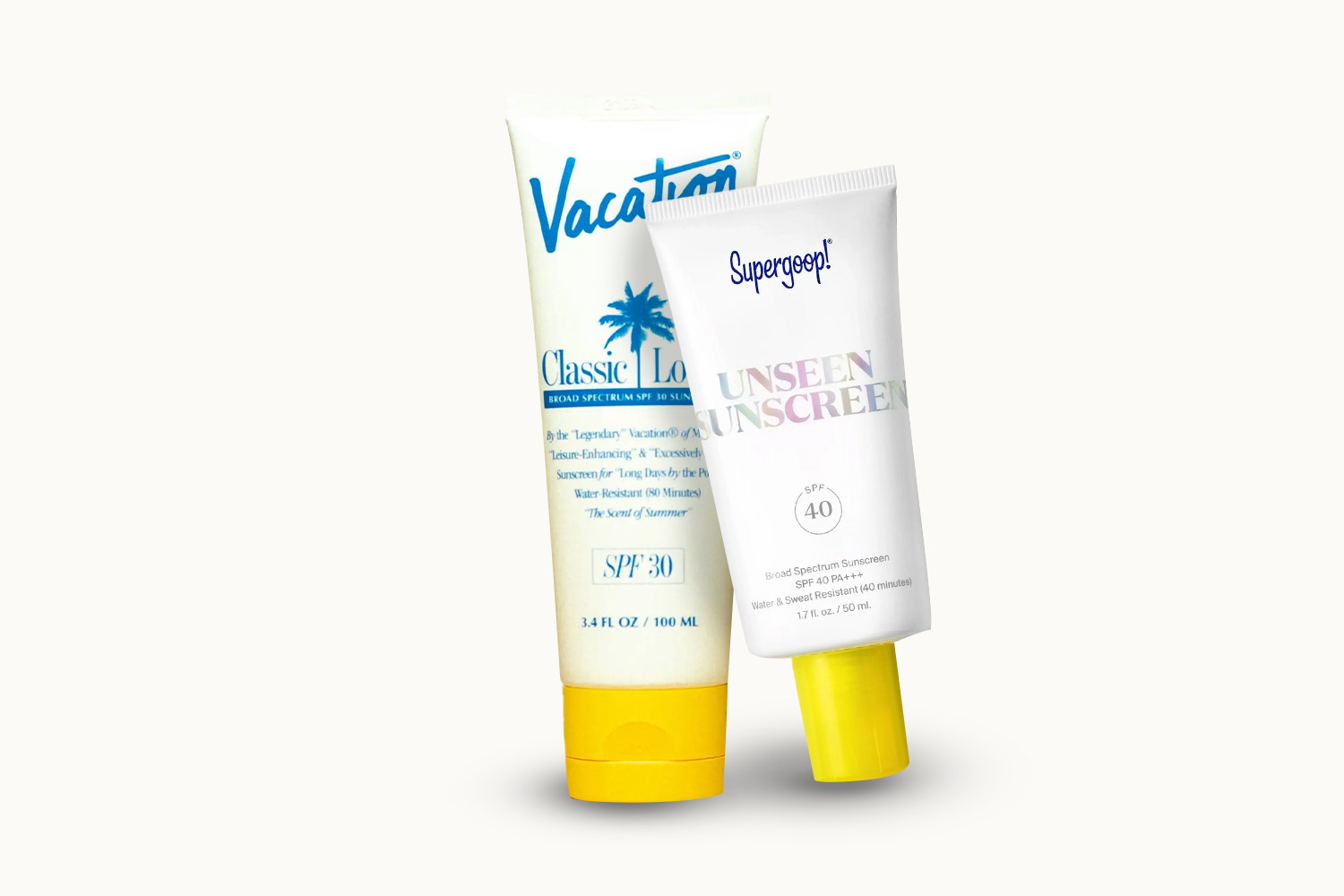 Supergoop, Vacation® sunscreen products on white background