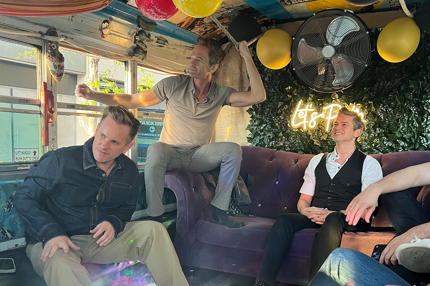 Guests on a party decorated bus