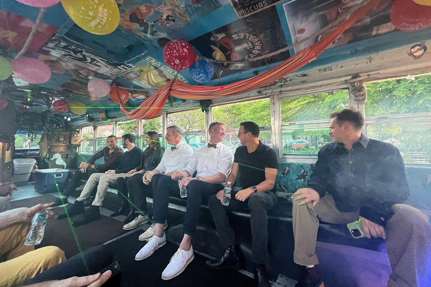 Guests on a party decorated bus