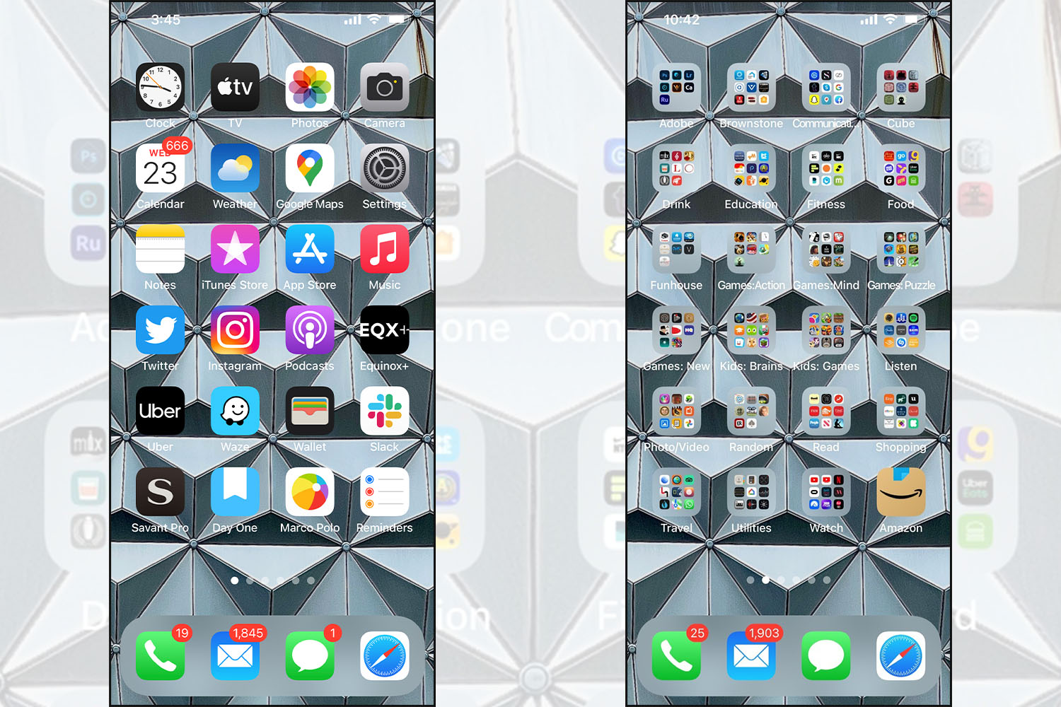 Two screenshots of homescreens on NPH's phone.