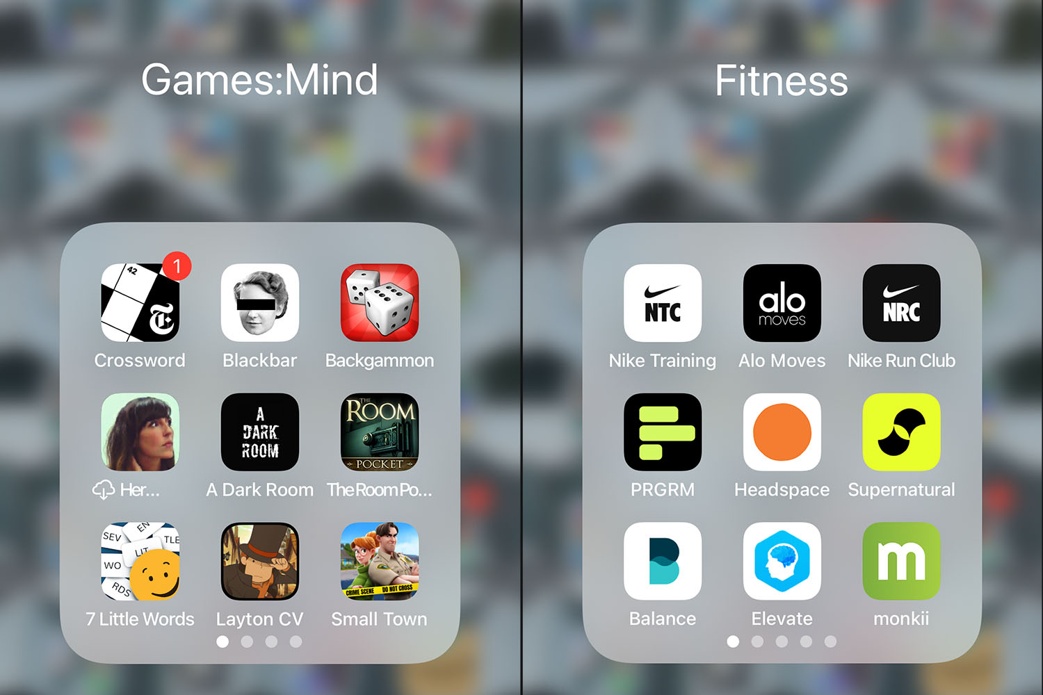 Screenshot of games and fitness folders on NPH's iPhone.
