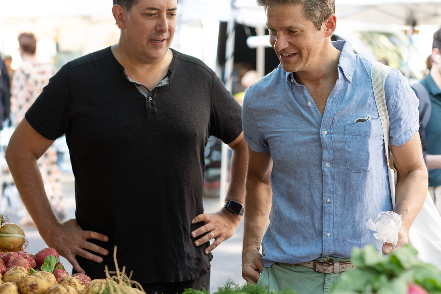 Mike and David walking at the Farmer's Market in Union Square.