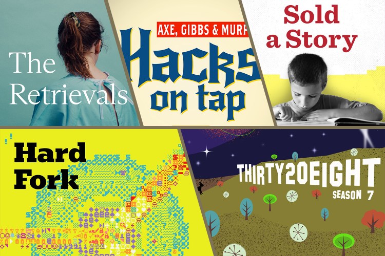 Collage of five podcasts selected by Ira Glass and Neil Patrick Harris, consisting of The Retrievals, Hacks on Tap, Sold a Story, Hard Fork, and The Thirty Twenty Eight