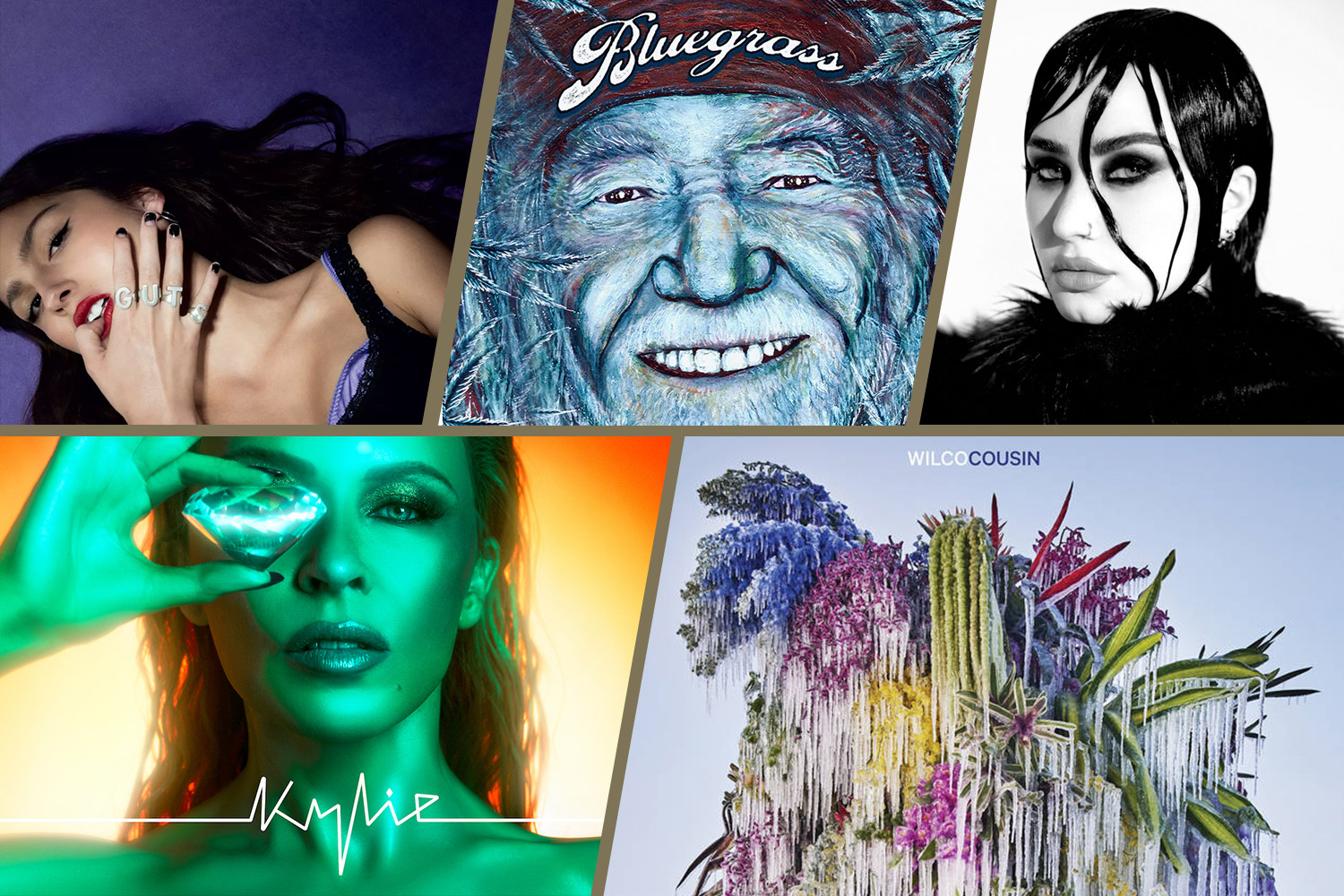 Collage of Olivia Rodrigo’s album Guts, Willie Nelson’s album Bluegrass, Demi Lovato’s album REVAMPED, Kylie Minogue’s album Tension, and Wilco’s album Cousin