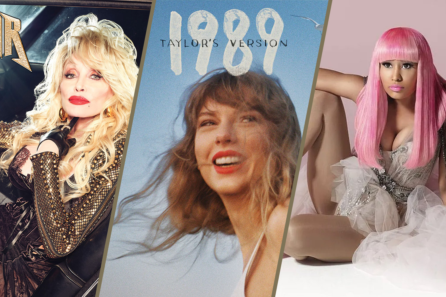 Collage of Dolly Parton's album Rockstar, Taylor Swift's album 1989 (Taylor's Version), and Nicki Minaj's album Pink Friday 2