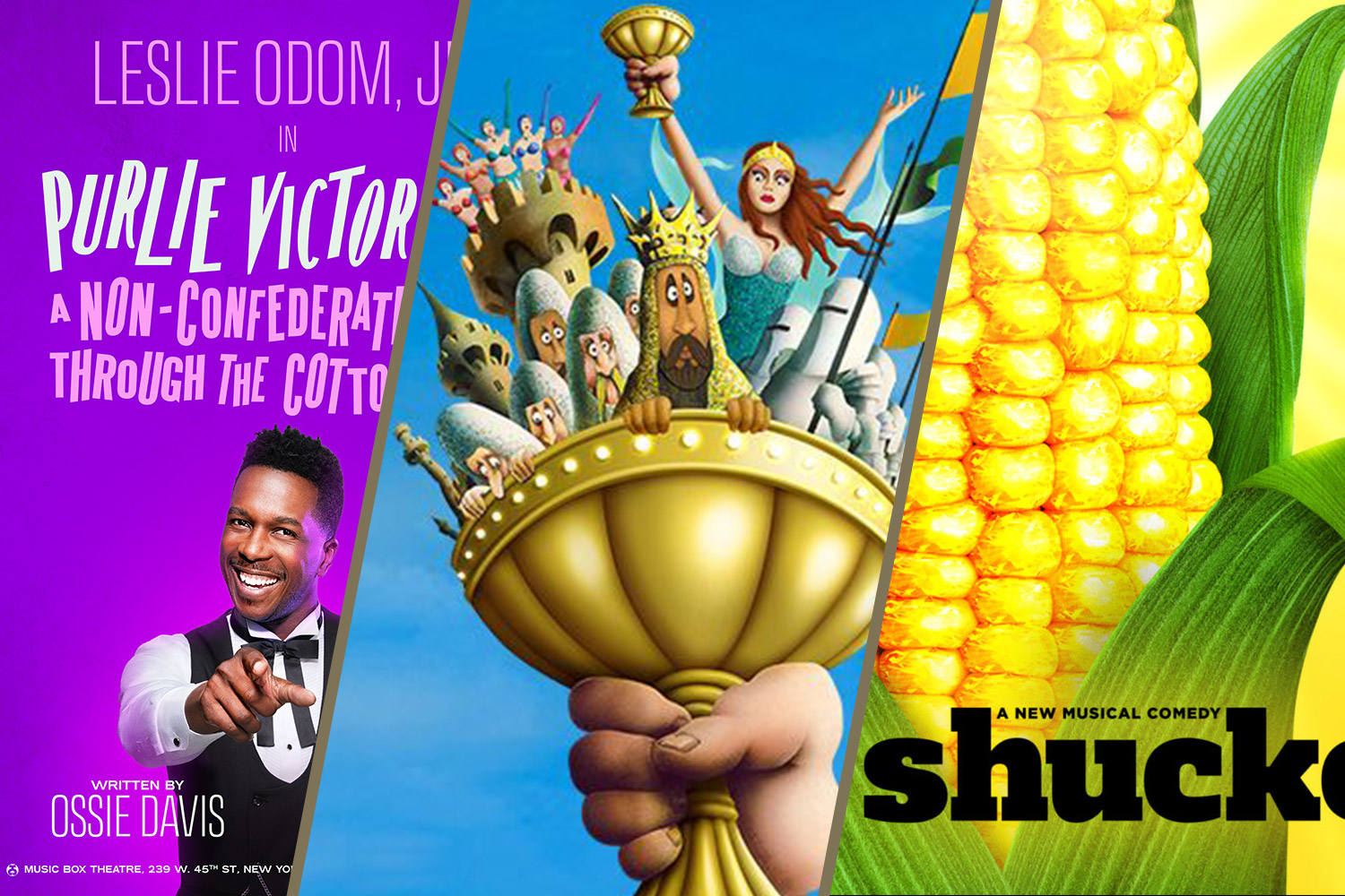 Collage of three theater posters including Purlie Victorious showing Leslie Odom pointing. Spamalot shows characters held in a chalice. Shucked depicts a large ear of corn.