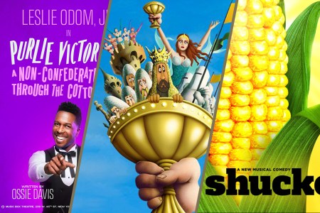Collage of three theater posters including Purlie Victorious showing Leslie Odom pointing. Spamalot shows characters held in a chalice. Shucked depicts a large ear of corn.