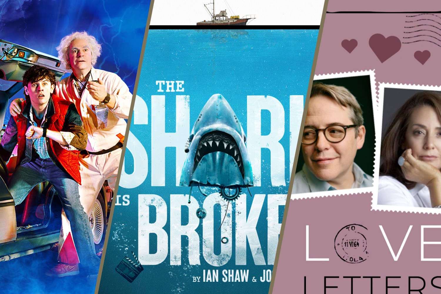 Collage of three theater posters including Back to the Future, The Shark Is Broken, and Irish Rep.