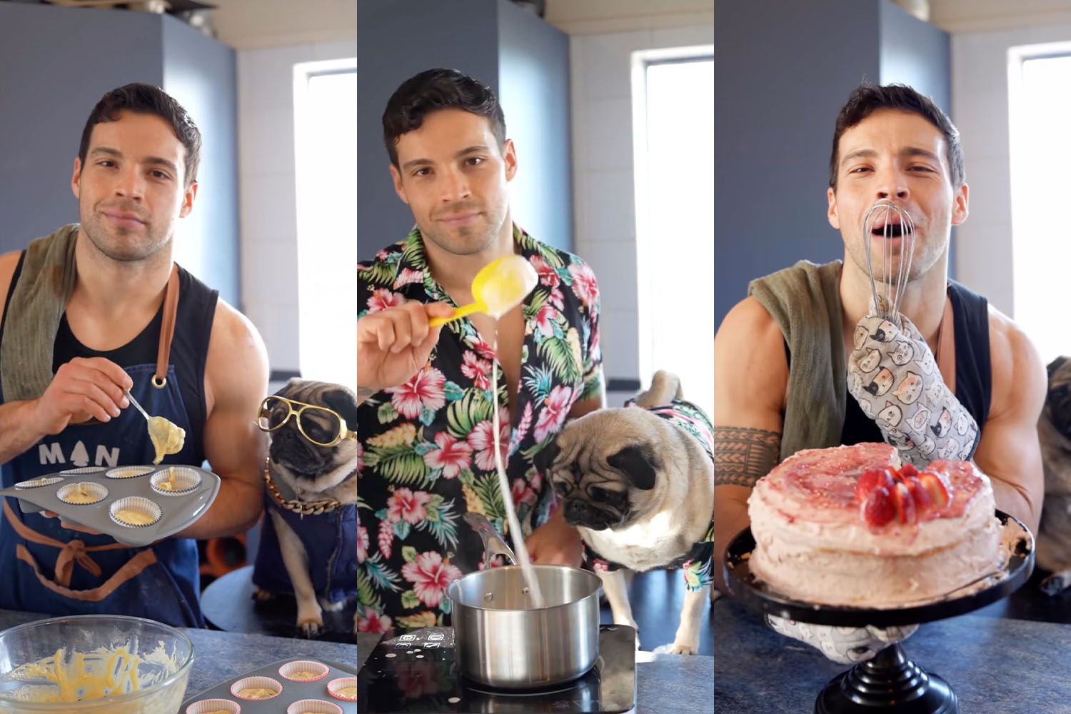 Three shots of Daniel Rankin doing different baking-related activities