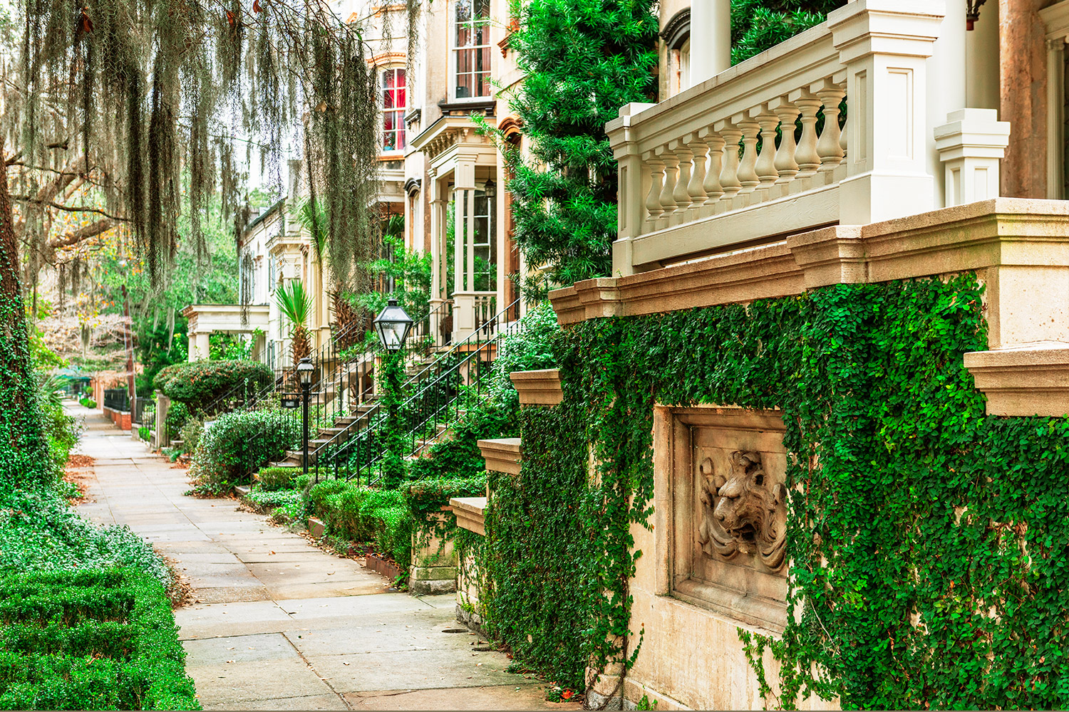 Moss covered historic houses at their front on the sidewalk