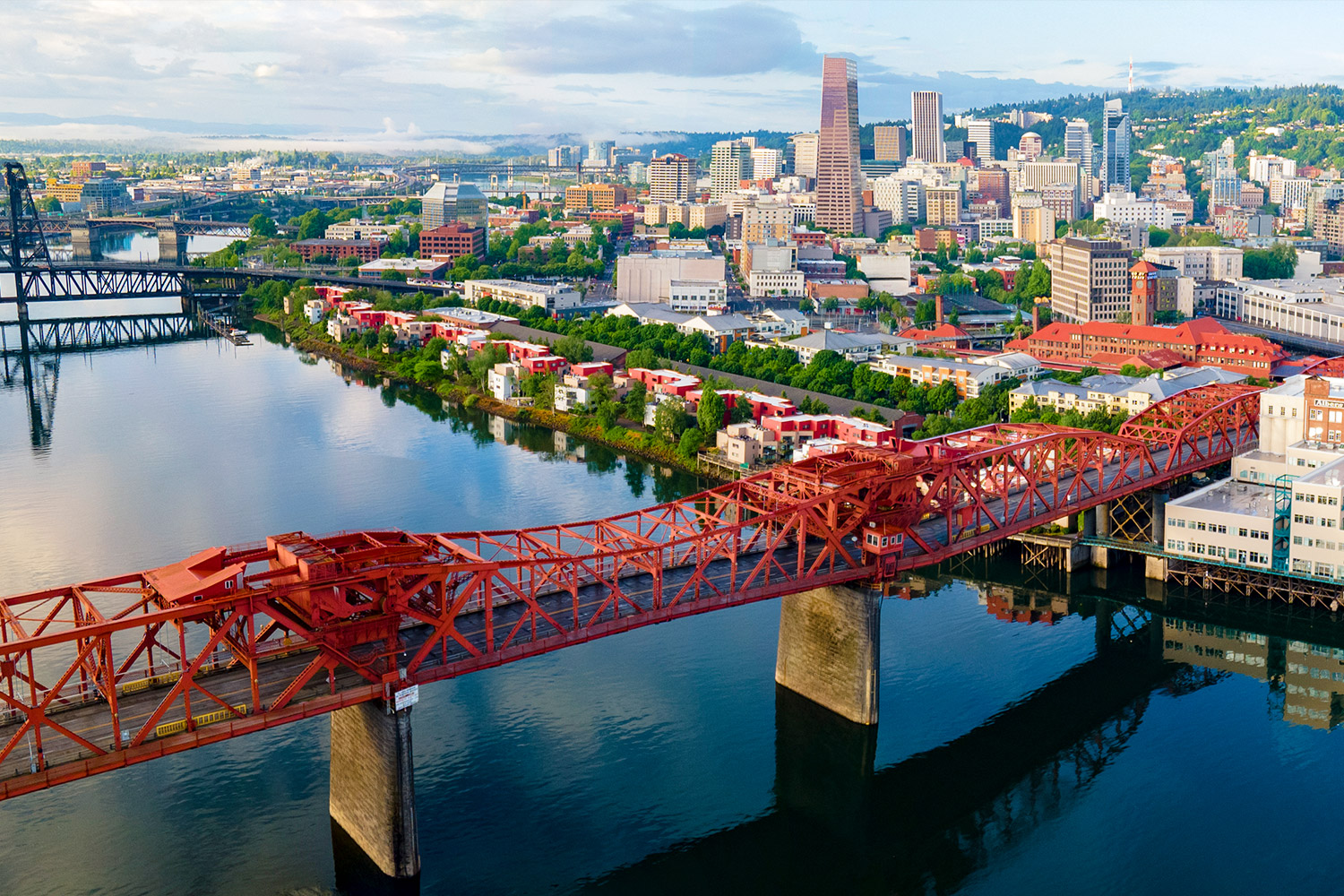 View from above red bridge over river