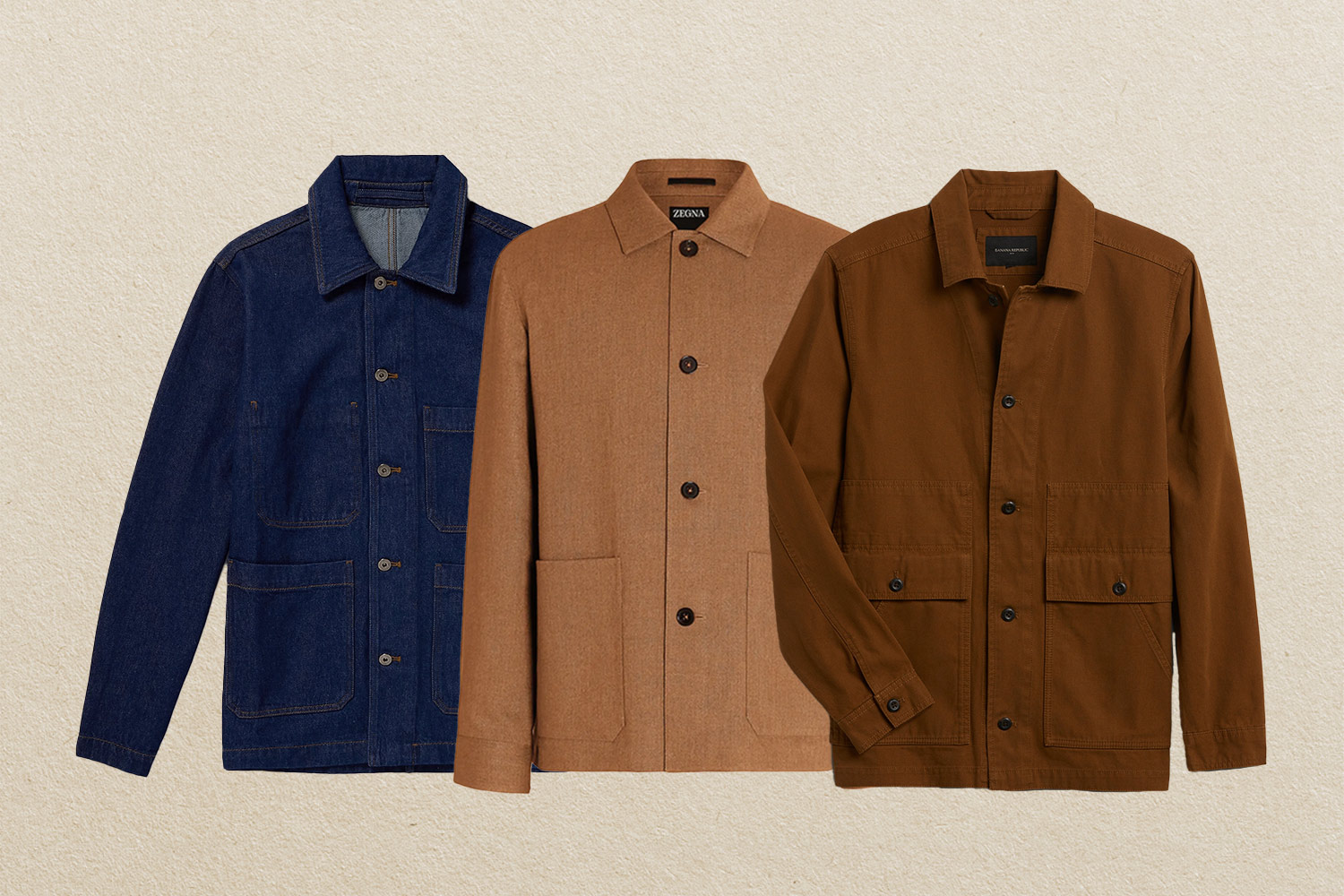 Denim, light brown and dark brown jackets on beige background