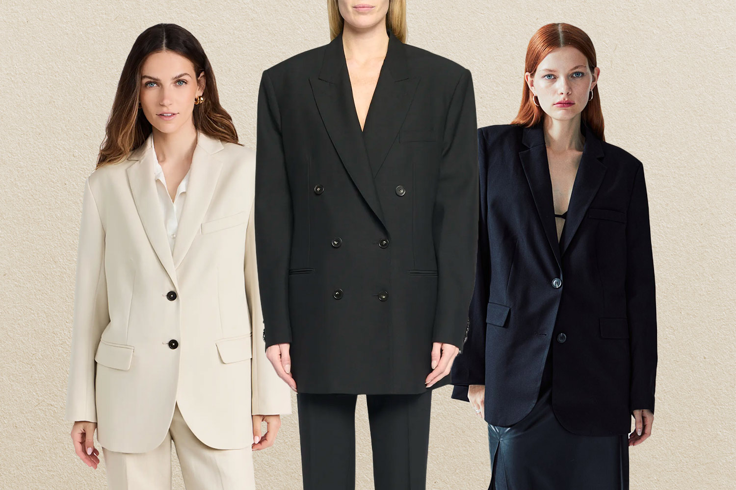 Three models in a beige, black, and navy oversized-blazer