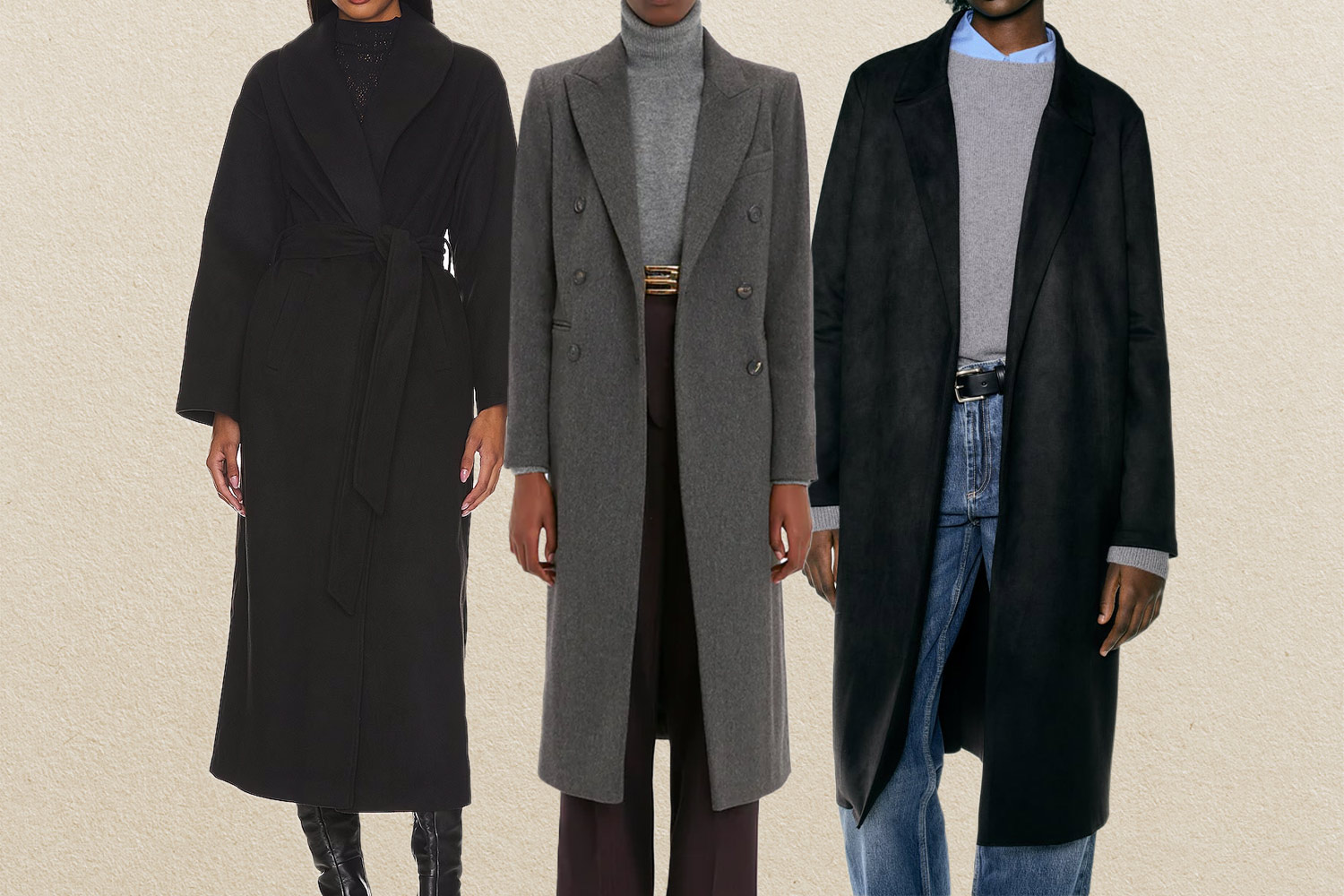 Two models in long black coats and another model in a grey long coat