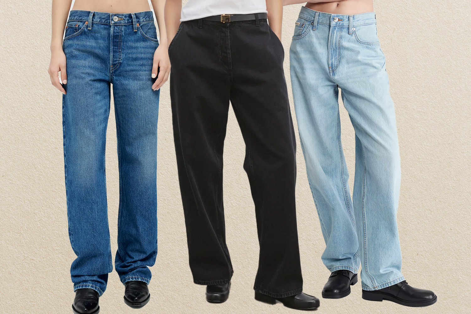 Cutouts of three women modeling a medium wash, black, and light pair of jeans on beige background