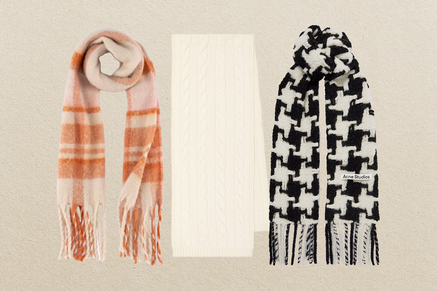 Plaid, knit, and houndstooth scarves on on beige background