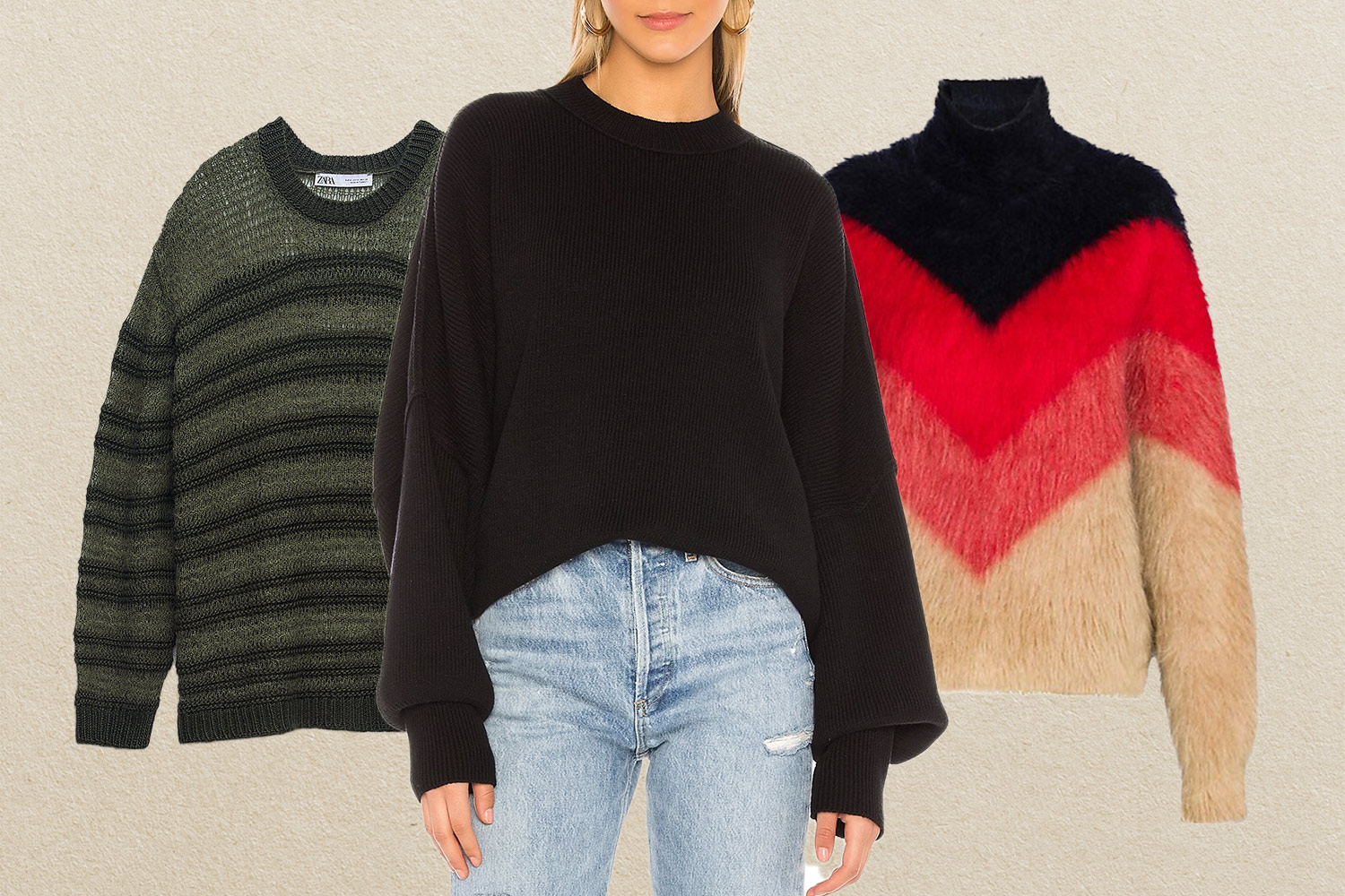 Cutout of a green knit sweater, a fuzzy and geometric patterned turtleneck and a model in a black sweater
