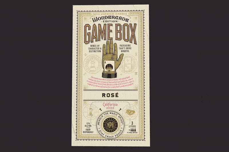 GIF of a box of wine with games all over spinning on a grey background