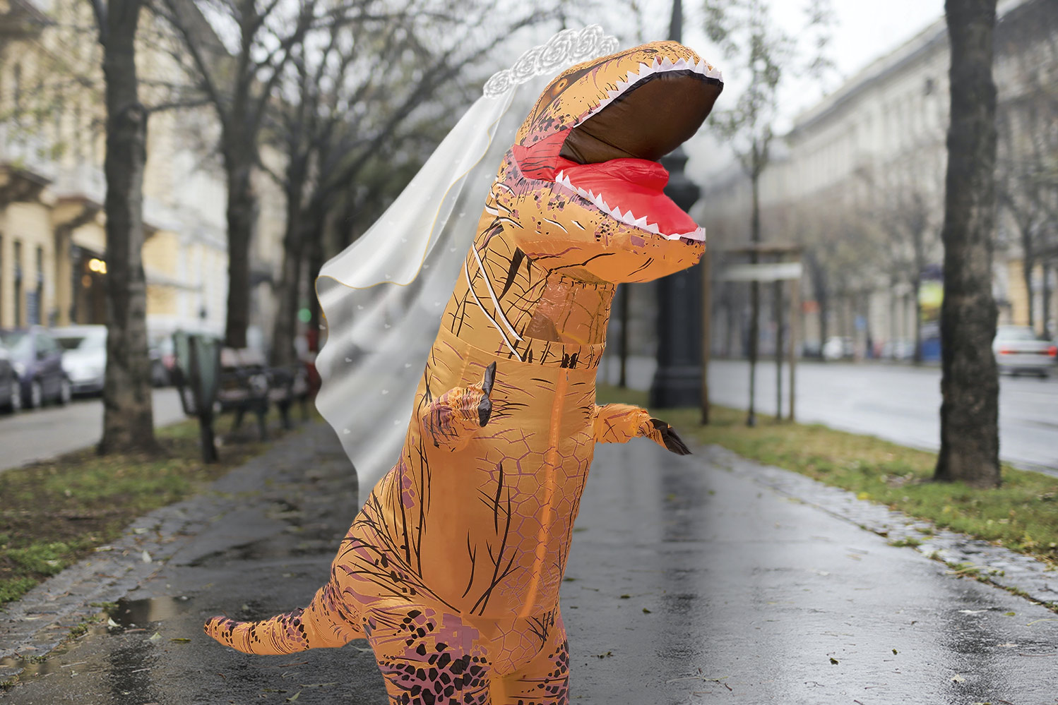 Blow up dinosaur wearing veil on rainy street