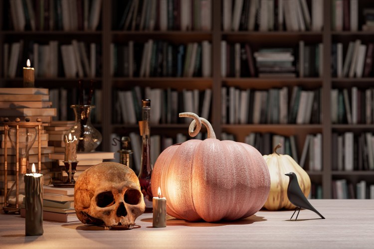 Decorated pumpkin and skull with raven in library