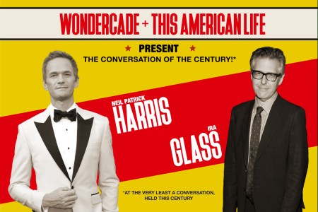 Red and yellow poster with Ira Glass and Neil Patrick Harris dressed in suits
