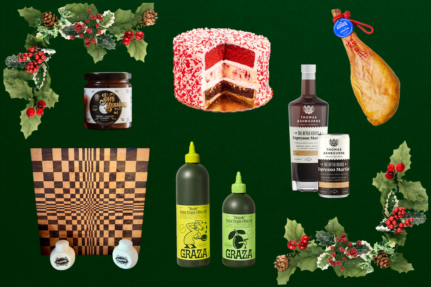 Various food and drink items including ham, espresso martini bottle, olive oil, cutting board, jam, and a cake on a green background