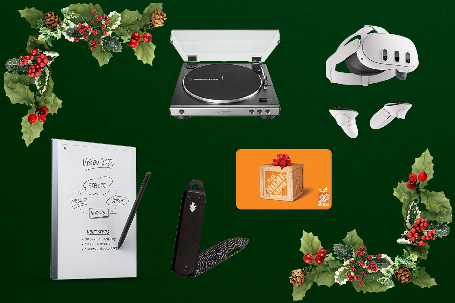 A record player, gift card, knife, tablet, and VR headset on a green background