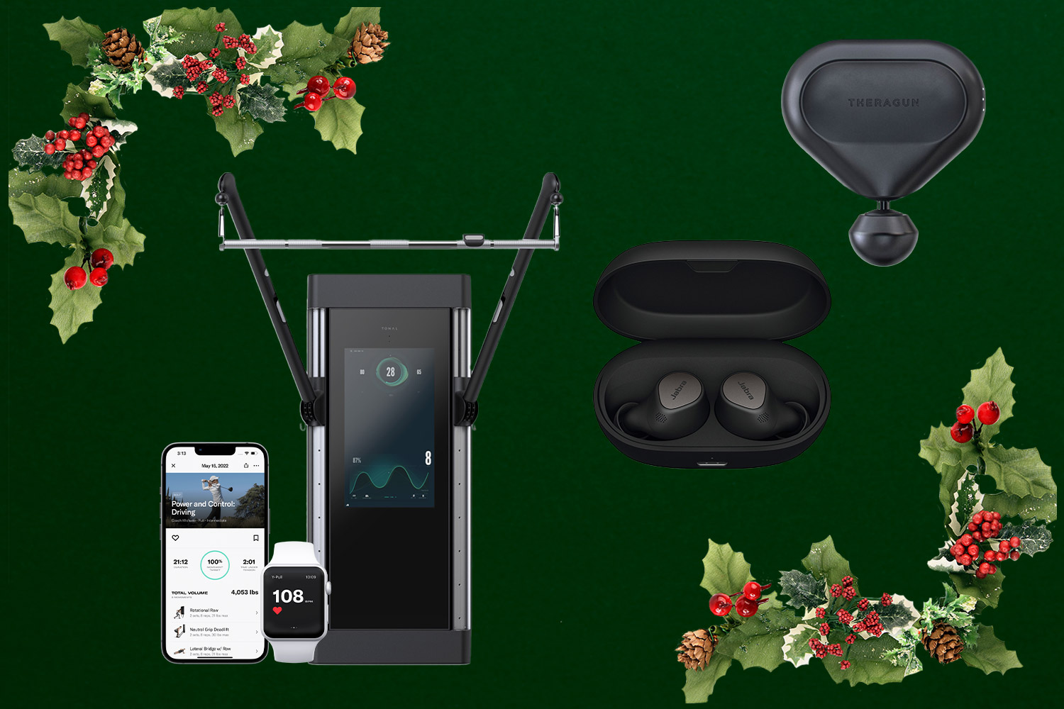 An at home workout device, wireless headphones and handheld massager on a green background
