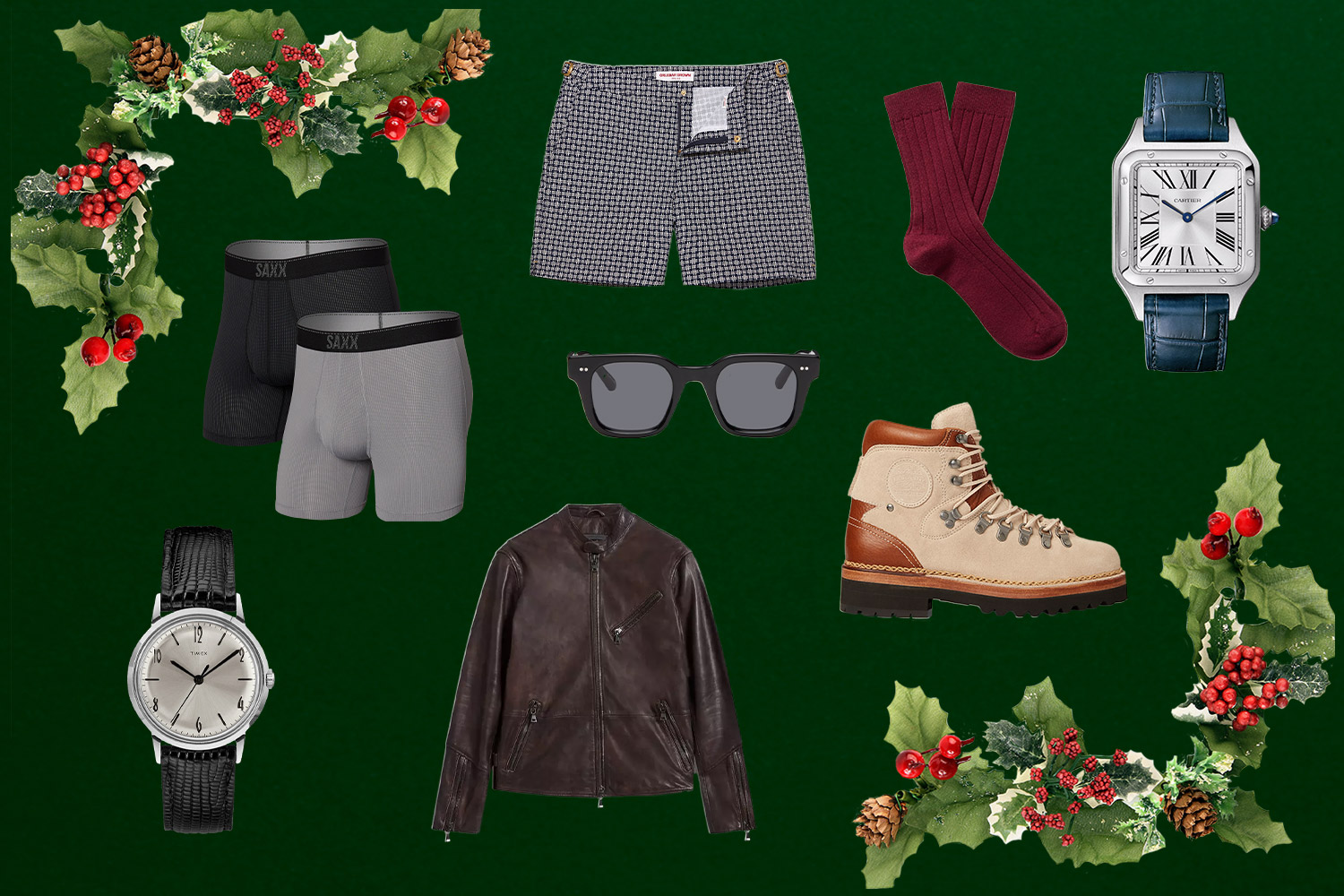 Various mens clothing items, shoes and accessories on a green background
