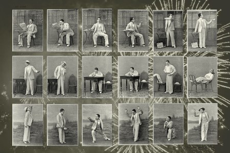 Three vintage scenes of men acting out charades with a firework background