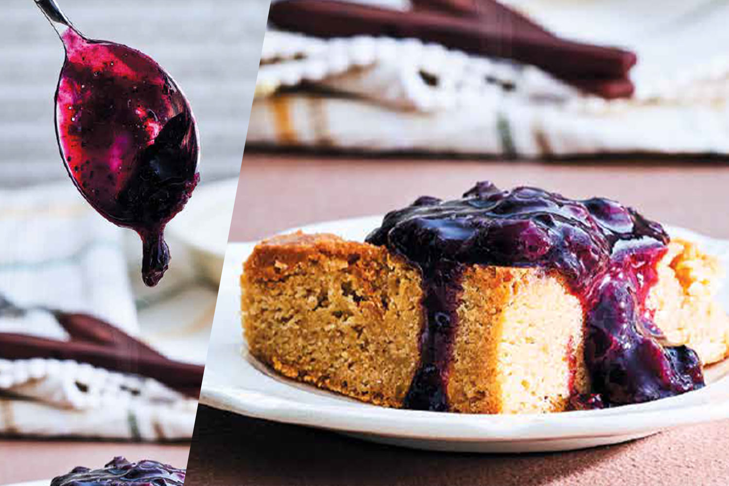 Collage of spoon dripping and a blondie with blueberry compote on the top