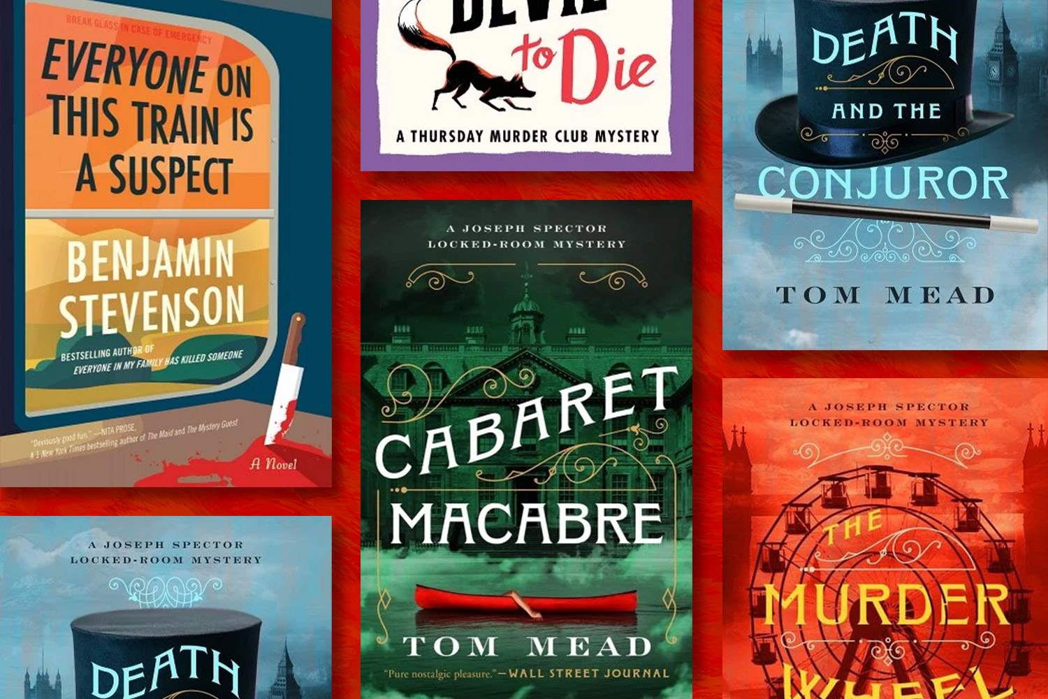 Various mystery book covers on a red background