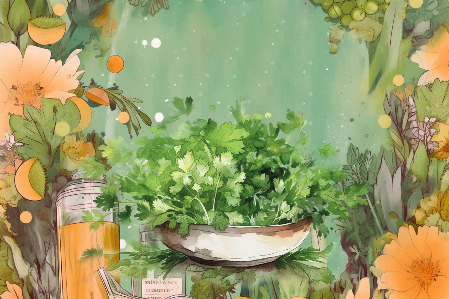 Illustration of cilantro with flowers surrounding