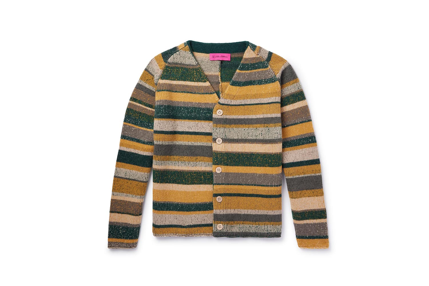 Green and yellow striped cardigan sweater with buttons on a white background