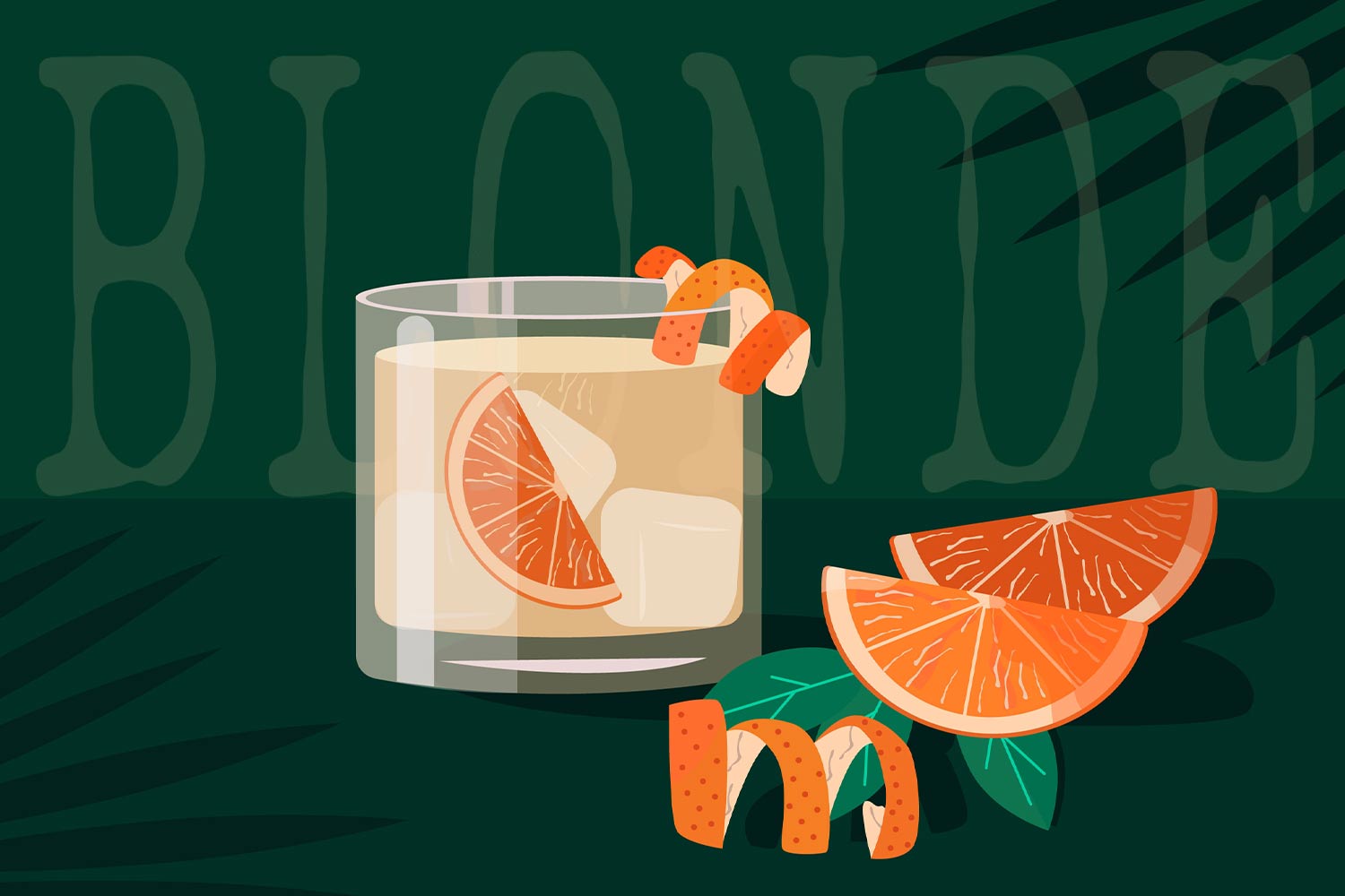Illustration of a cocktail with oranges on the rocks on a green background